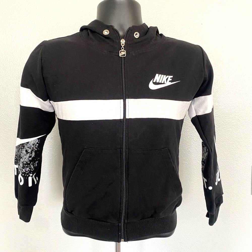 Nike Black White Just Do It Cotton Full Zip Up Hoodie Boys Size Small